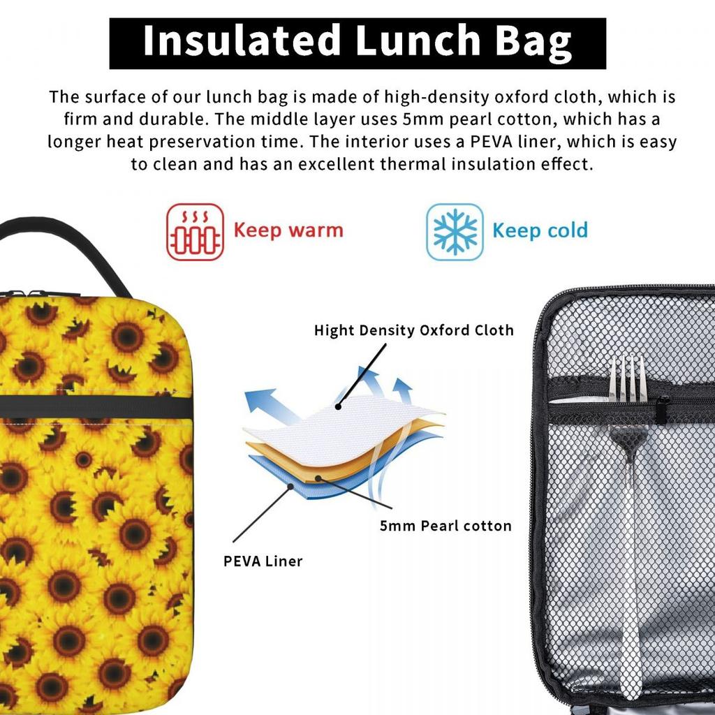 Sunflower Pattern Insulated Lunch Bag for Women Children Portable Food Boxes Thermal Lunch Box Tote