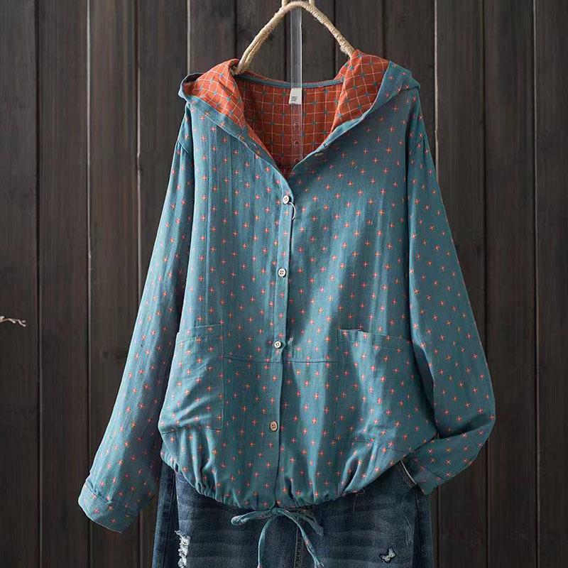 Women's Hooded Double-layer Cotton Yarn Plaid Shirt   Literary Retro Casual Cardigan Top Jacket