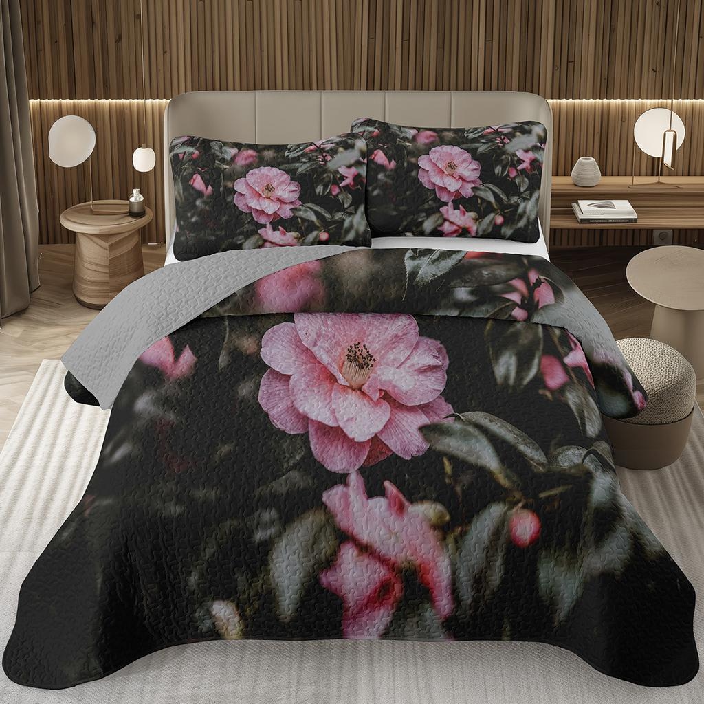Spring Garden Flower Bedspread for Girls Teen Botanical Floral Coverlet Twin Queen Quilt Set Reversible Grey Quilted Bedding Set