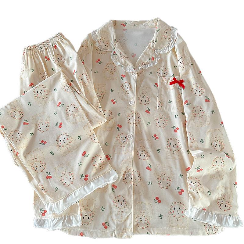 Wind Cherry Bunny Imitation Cotton Pajamas Women'S Spring And Autumn Lotus Leaf Edge Long-Sleeved Thin Loungewear Real Shot