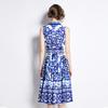 Sommer Damen Markendesigner Vintage Print Runway Kleid Ärmellos Revers Einreihig Tank Party Kleider mit Gürtel