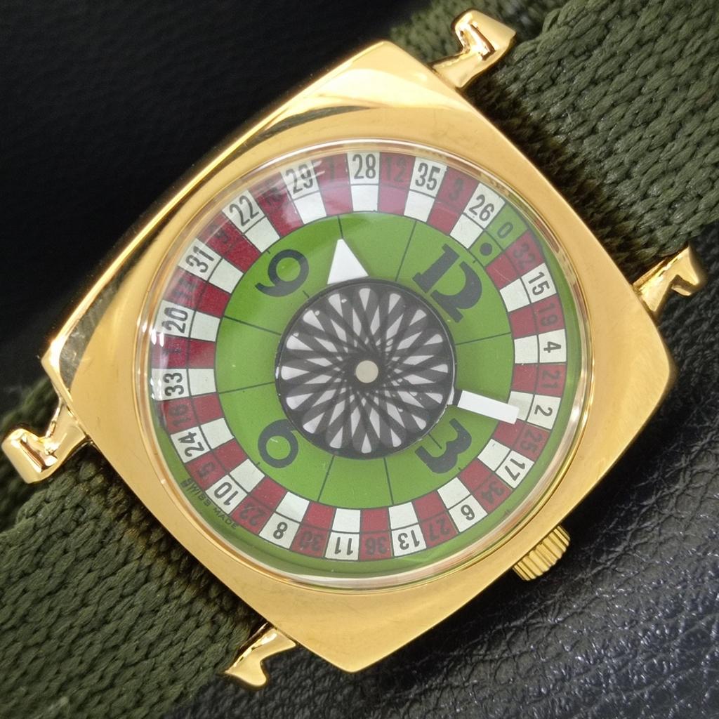

VINTAGE HAND-WINDING SWISS MENS REFURBISHED ROULETTE GREEN DIAL WATCH a701121-5 R205b-a701121