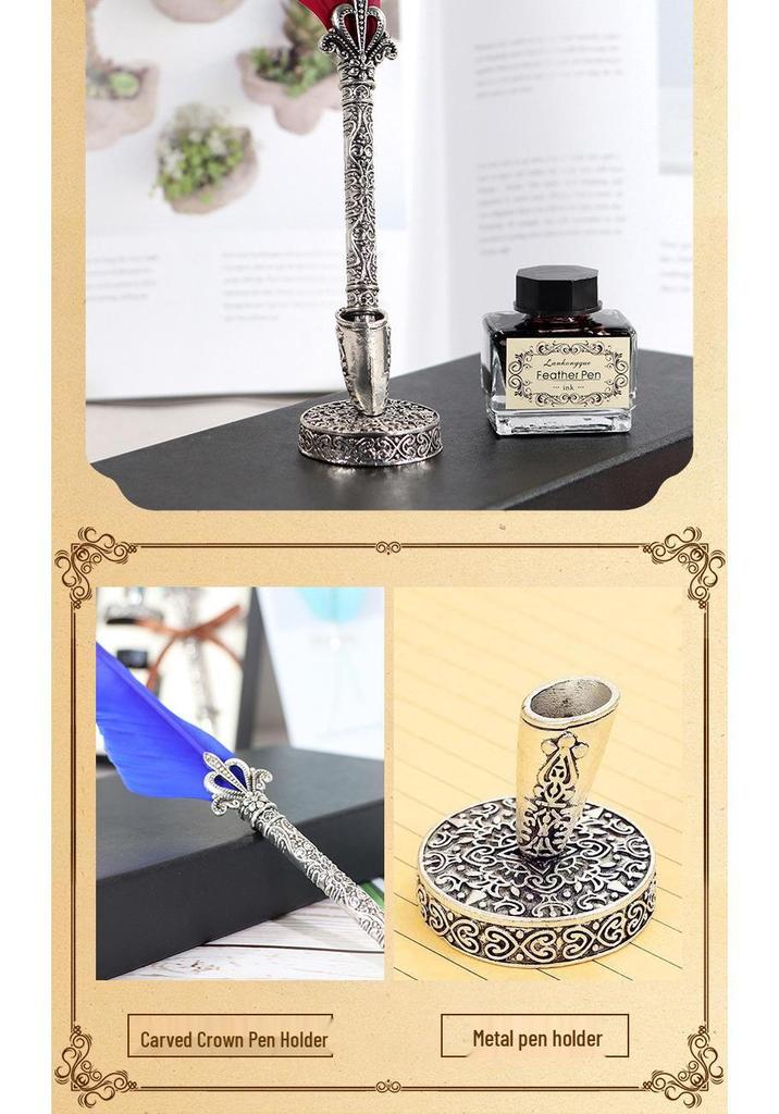 Goose Feather Pen Set with Carved Base and Stainless Steel Nibs - Unique Gift