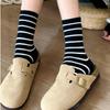 5 Pairs of Black and White Striped Mid-Calf Socks: Autumn/Winter Korean-Inspired Academy Style
