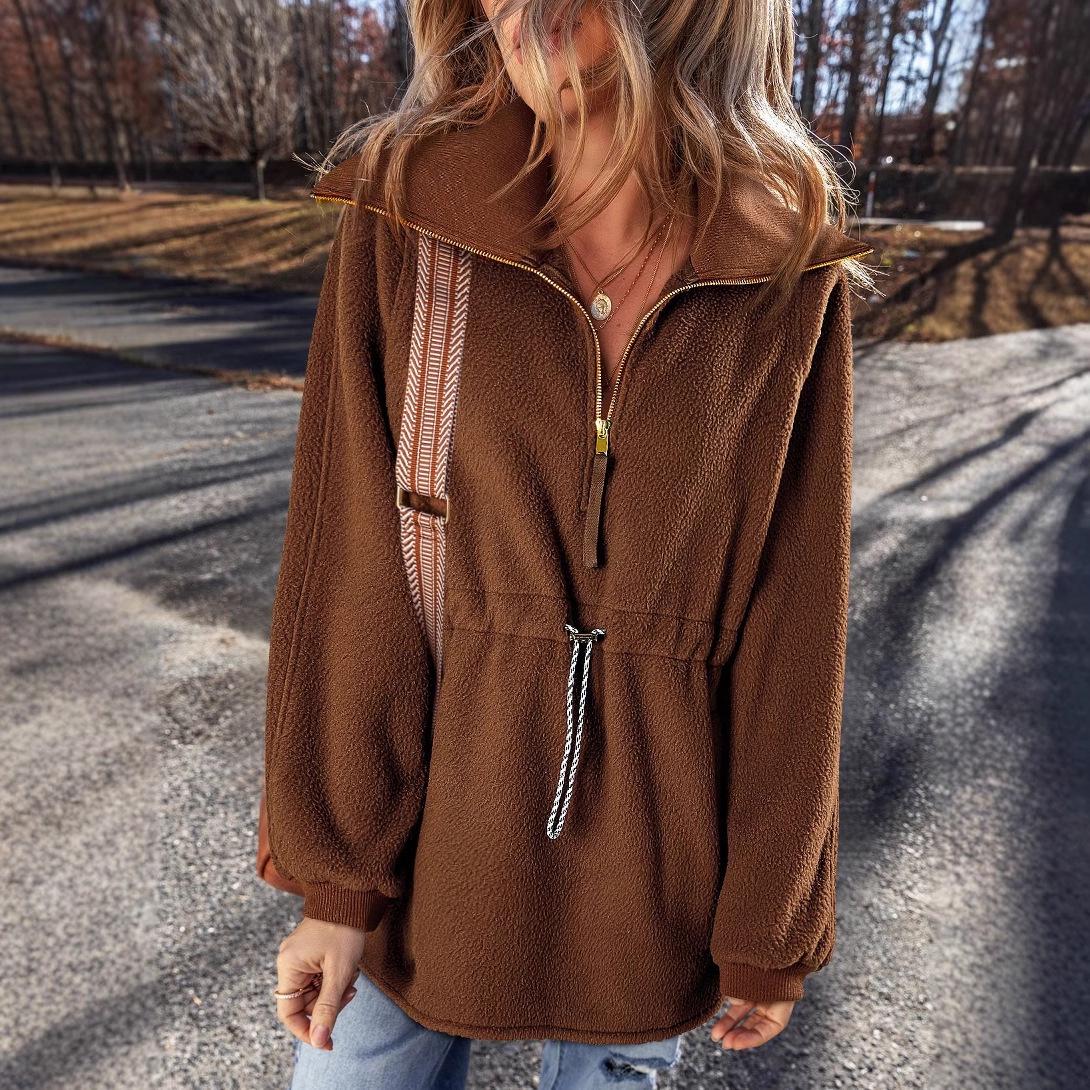 

Shiying Women s Winter Half-Zip Casual Plush Sweatshirt – Versatile European & American Solid Color Pullover Large коричневий
