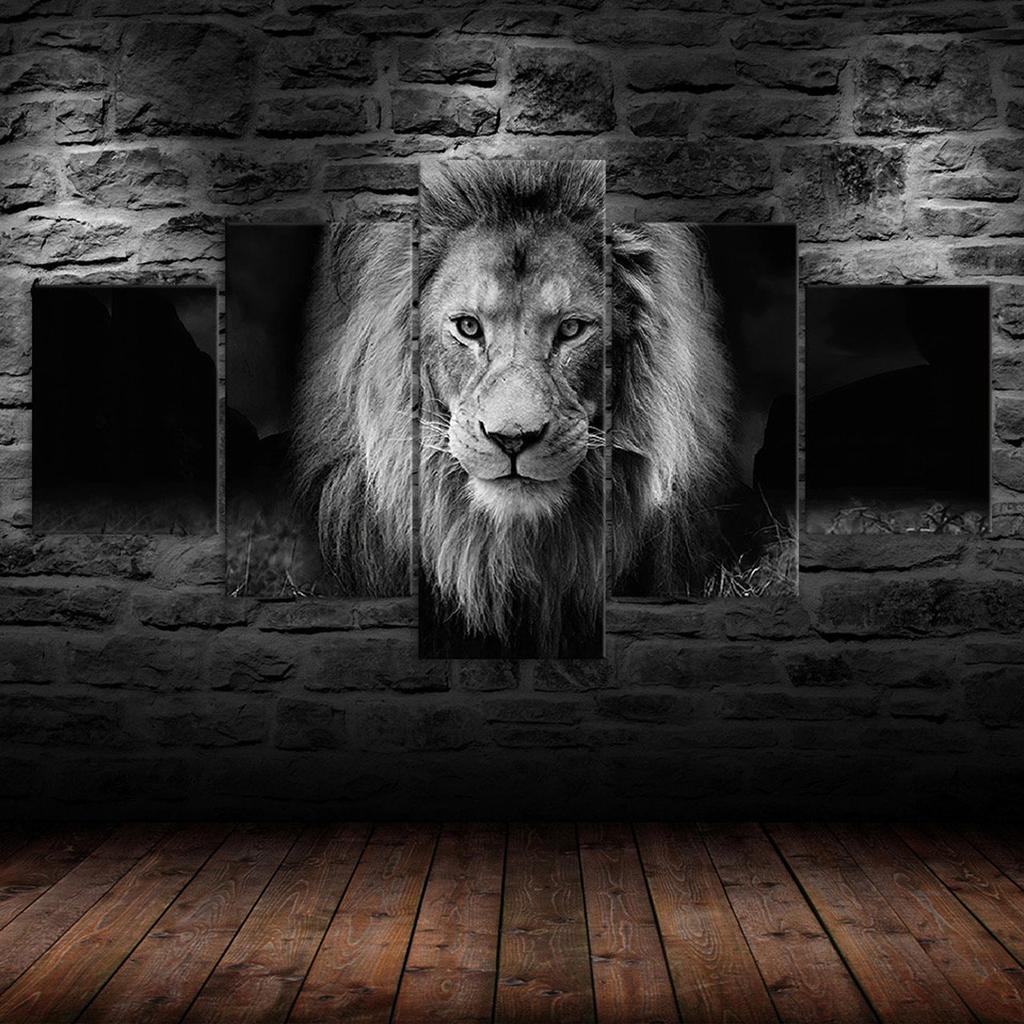 Lion Wild Animal Black and White Scene 5 Piece Five Panel Wall Canvas Print Modern Art Poster Picture Home Decor Gift For Him For Her