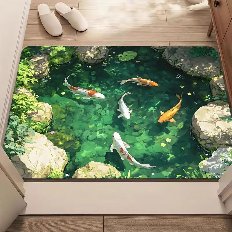 3D Illusion Carp Doormat Unique Koi Fish Pond Entrance Rug with Realistic Water Effect Non-Slip Floor Mat for Home Decor