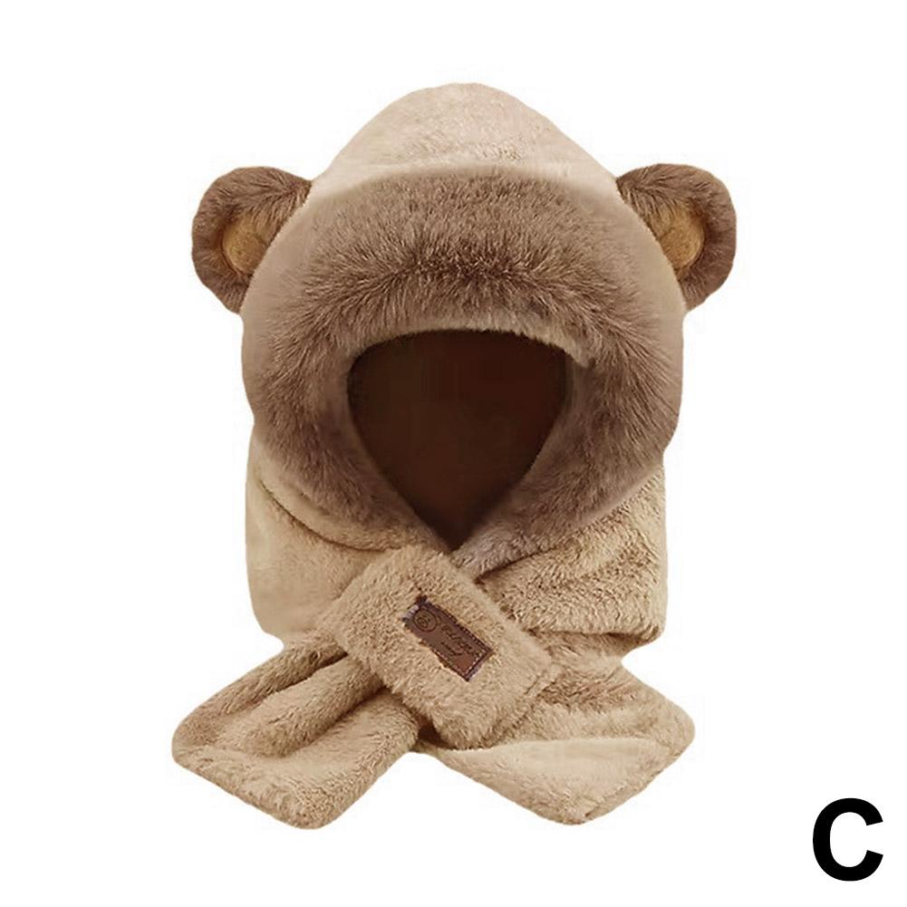 Cute Bear Plush Cap Scarf Lovely Beanie Hat Scarf Set Warm Pullover Ear Warm Protection Faux Wi J7W7