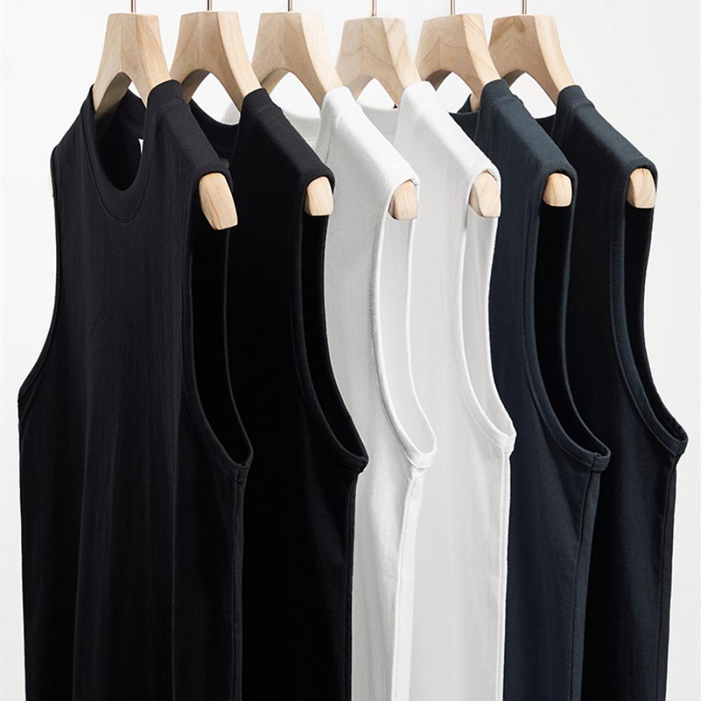 Summer 100% Cotton Men's Vest Casual Wide Shoulder O-Neck Sleeveless Tops Universal Solid Color Sports Fitness Loose Tank