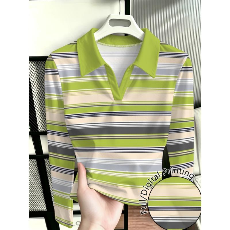 Fresh Striped Women'S Long Sleeve Shirt, Fashionable And Versatile, with Tailored Lapel Design, Perfect for Everyday Commute Leisure Wear