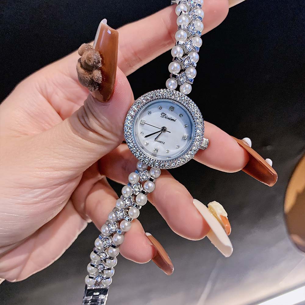 Dinimi Elegant Women's Quartz Watch Mother-of-Pearl Dial Double-Coiled Extra-Long Pearl Bracelet Women's Vintage-Style Watch