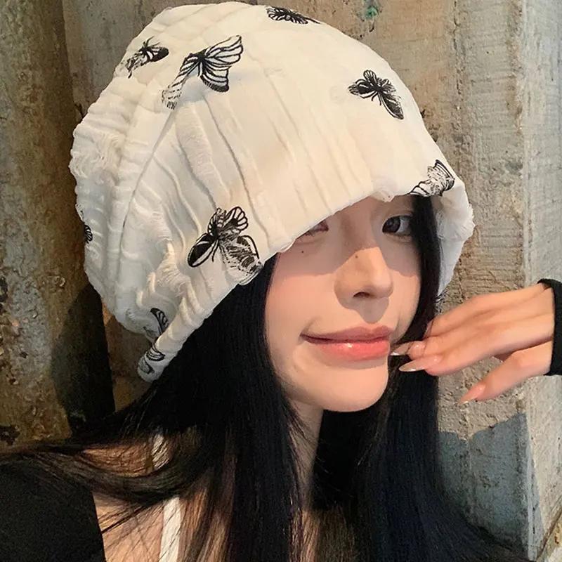 Autumn Winter Warm Bonnet Girls Elastic Skull Caps Korean Baggy Beanie Hats Hip Hop Streetwear Butterfly Pullover Hat