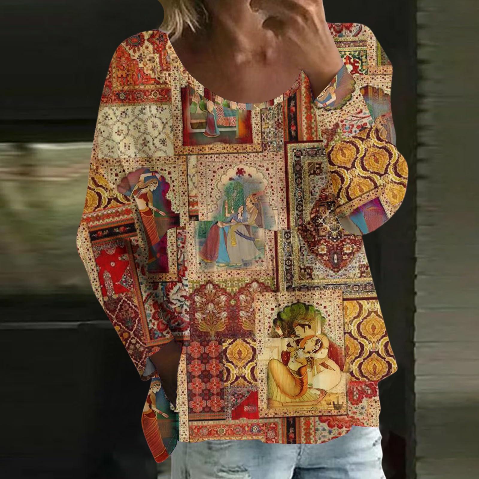 

Женский повседневный модный свободный топ с круглым вырезом и цветочным принтом, с длинным рукавом M коричневый