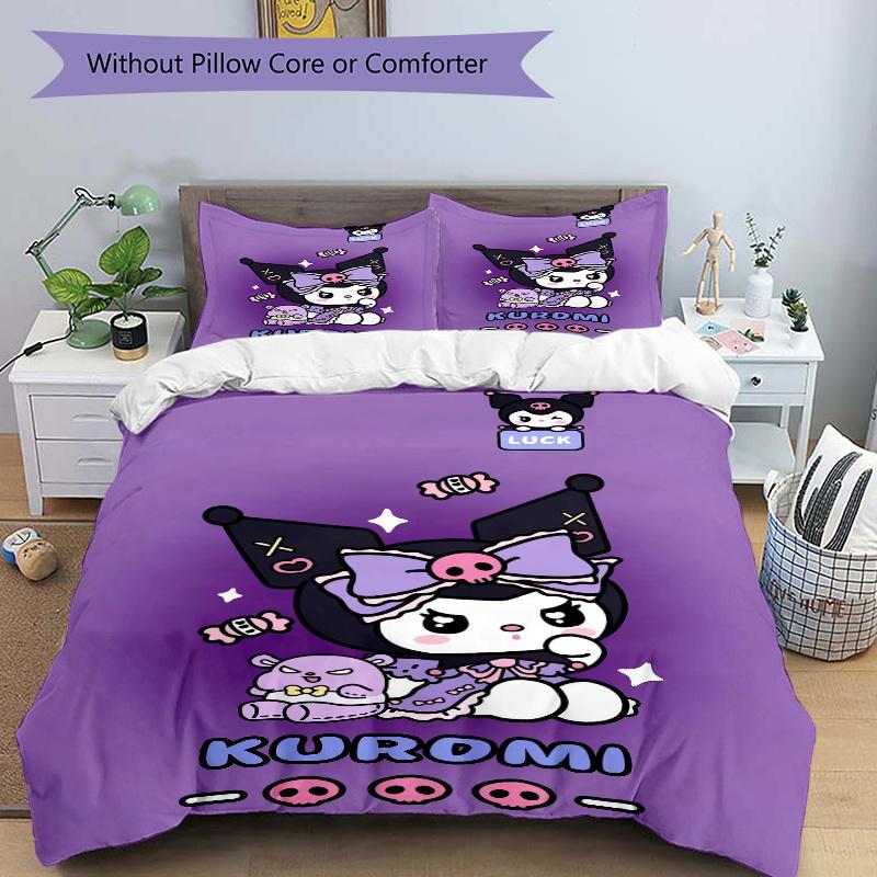 3pcs Luck Kuromi Sanrio Print Bedding Set (1 Cover + 2 Pillowcases, Without Inserts), Soft and Comfortable W058