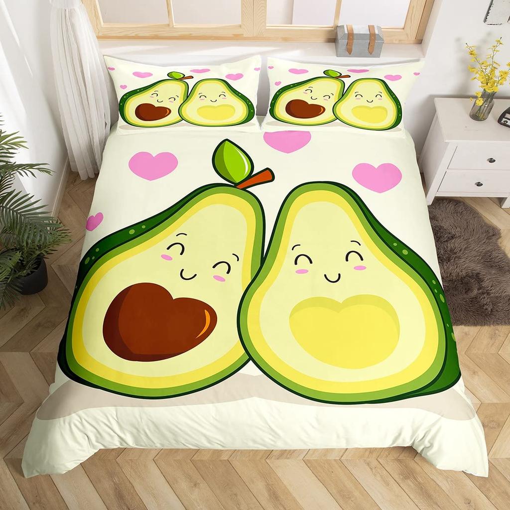 Avocado Bettbezug Queen Jungen Mädchen Niedlich Cartoon Tropische Früchte Gedruckt Bettwäscheset Bettbezug für Teenager Kinder Weich 3-teilig