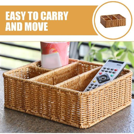 Luxshiny Rectangular Woven Storage Basket with 4 Compartments Table Divided Key Basket Box Wallet Tray Entryway Organizing Utensil Holder for Tissue