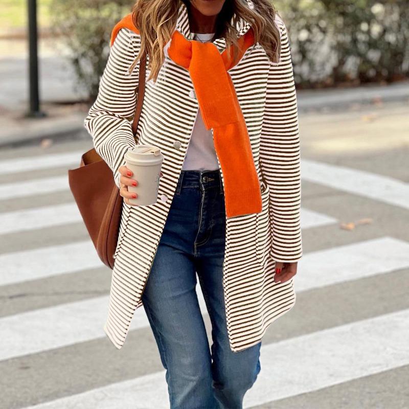 Women's Autumn and Winter New Temperament Striped Cardigan Hooded Knitted Long-sleeved Jacket