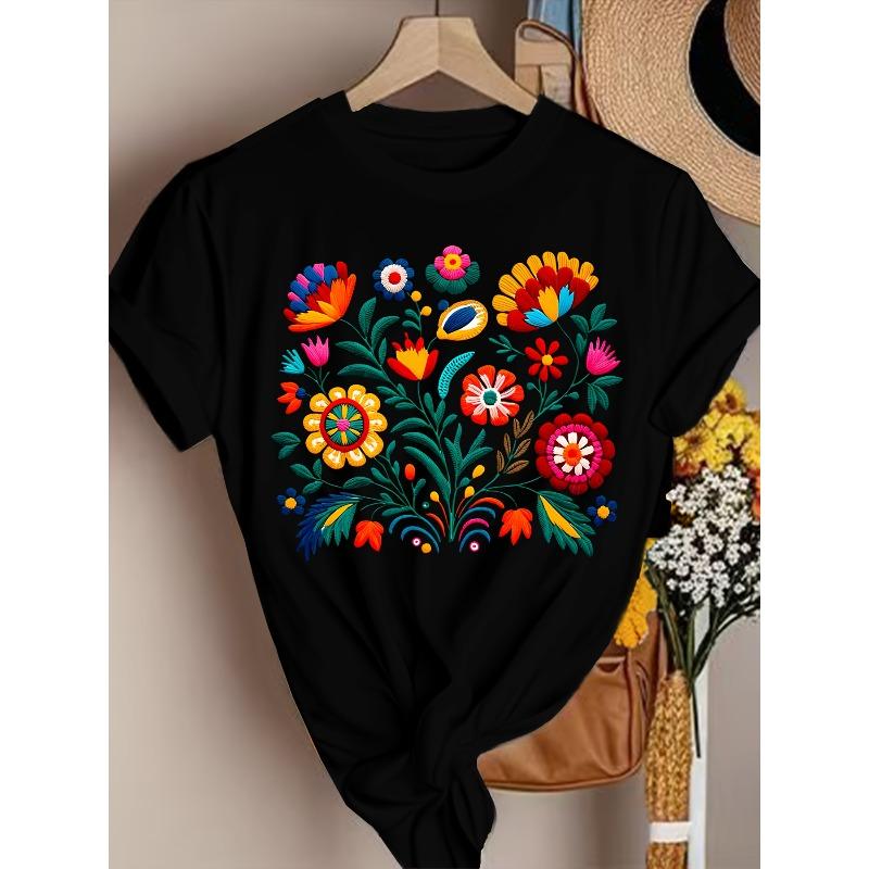 

European Size Mexican Color Floral Fiesta Letter Print T-shirt, Casual Short Sleeve Crew Neck Top Women s Clothing 4XL