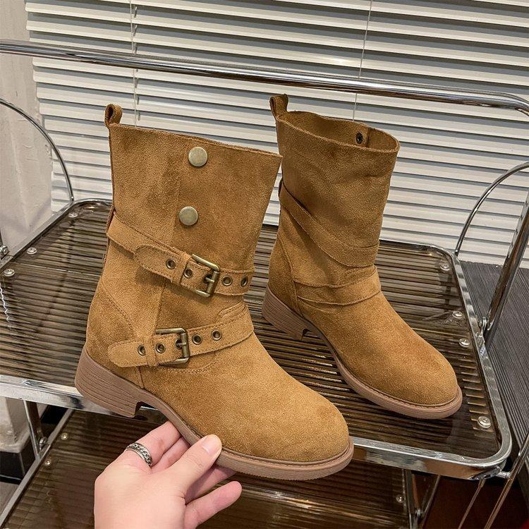 

Версия из коровьей кожи! Сеульские ботильоны на фланцевом каблуке~ 6 см увеличения внутренней высоты, пряжка, толстый каблук, дезерты, уличные короткие ботинки, женские ковбойские ботинки 40 коричневый