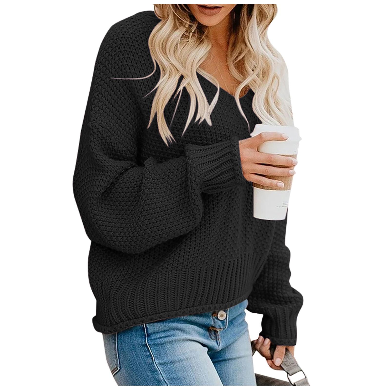 

Женская повседневная мода V-образный вырез однотонный длинный рукав пуловер рубашка топы L чёрный