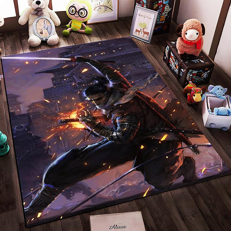 "Samurai Warrior in Action with Fire and Sword Theme Carpet Rug" Suitable for use as an anti-slip for living room bedroom sofas