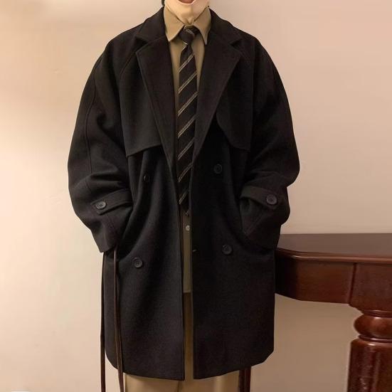 Men Windbreaker Lapel Long Sleeve Double-Breasted Casual Coat Autumn Winter Mid-length Outwear Solid Color Loose Fit Woolen Coat with Pockets