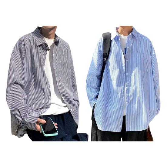 Klopa Nášivka s dlouhým rukávem Kapsa Jednořadá Pánská košile Podzimní Volný střih Pruhovaný potisk Košile Kabát
