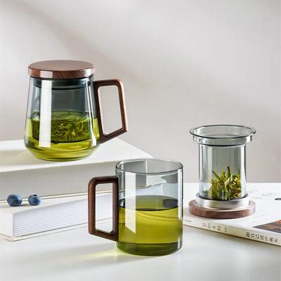Glass Tea Cup with Tea Infuser and Lid Tea Strainer Wood Handle Heat Resistant Tea Maker Coffee Mug Teapot Gift for Men 500ml