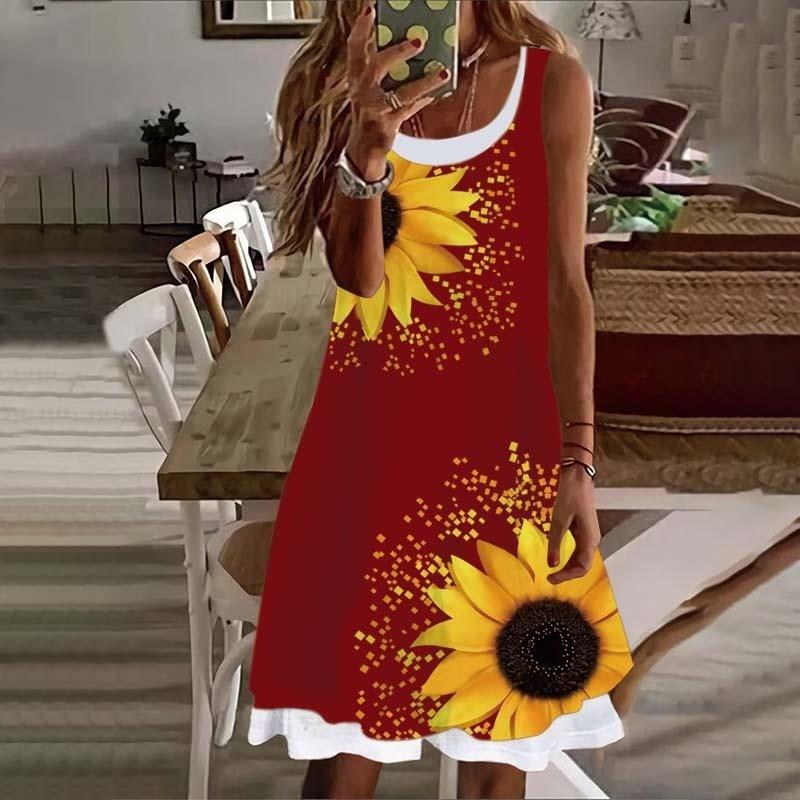 Summer New Fashion Women's Dress Women's Sunflower Fake Two Pieces Printed Sleeveless Casual Soft and Comfortable Plus Size Dress S-5XL