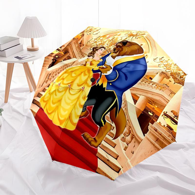 1pc Beauty & Beast Dancing Scene Automatic Opening/Closing Umbrella - Portable 3-Fold Design with 8-Bone Iron Frame, Outdoor Umbrella for Fe
