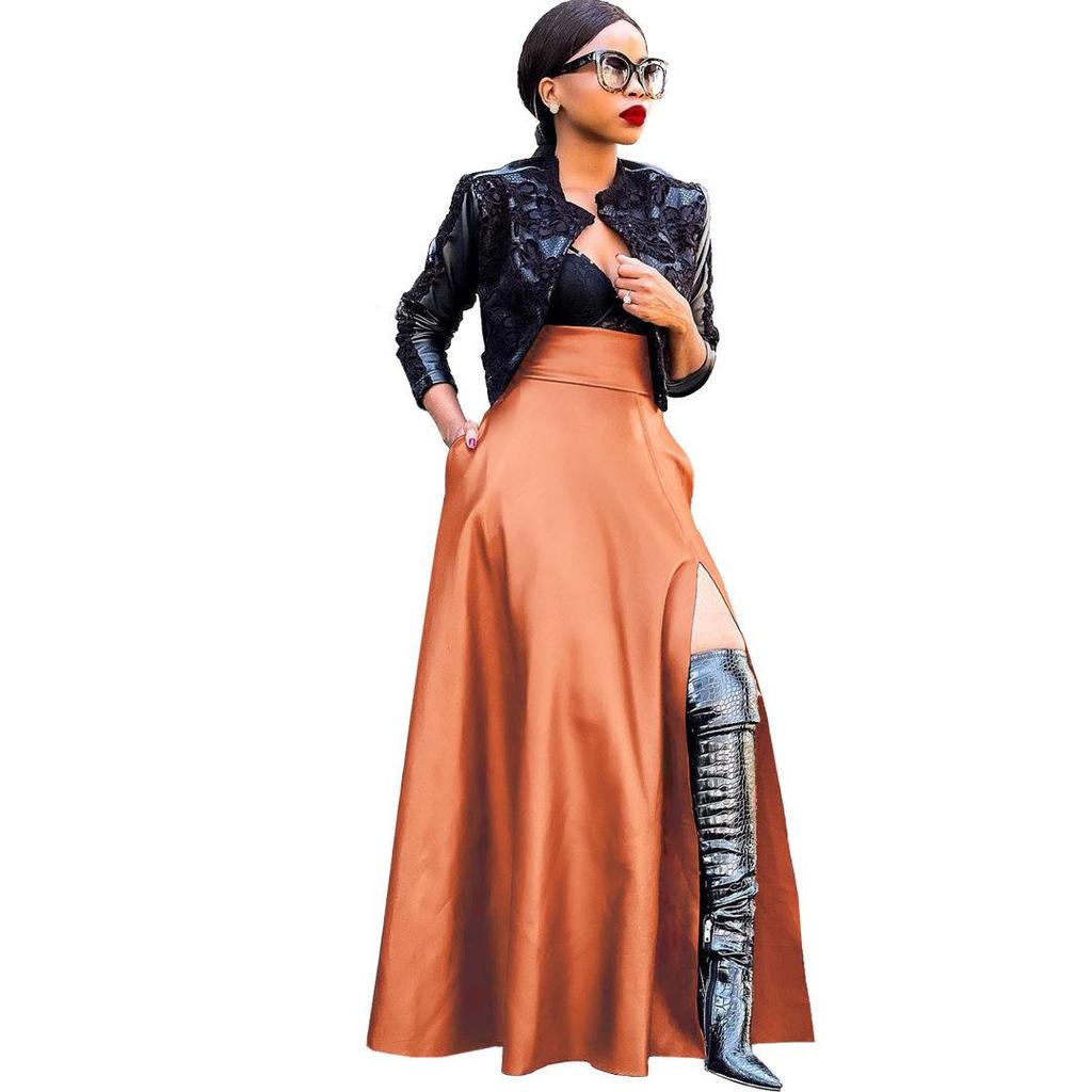 Sleek Leather Jacket & High-Slit Midi Skirt Set with Irregular Hem - Sexy European & American Style