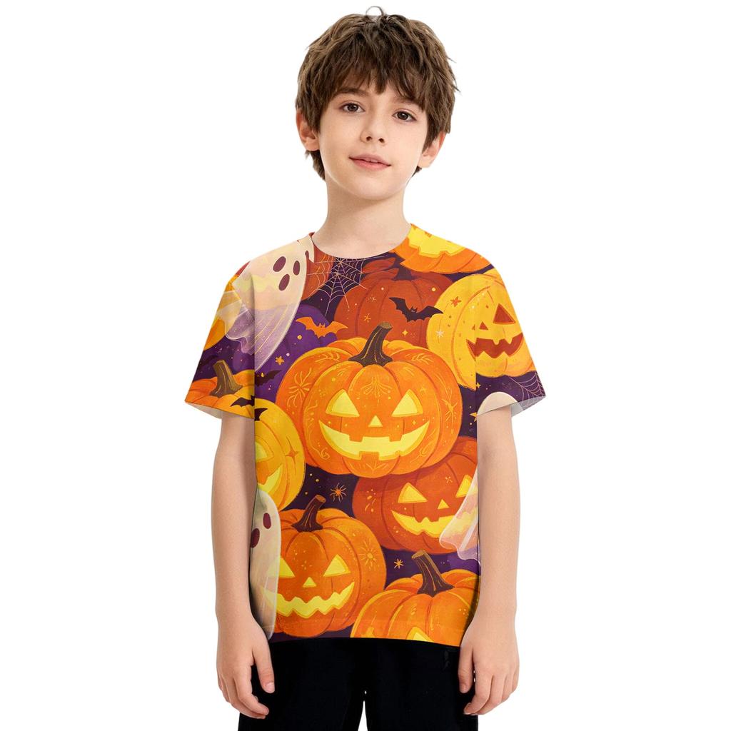 Kids Halloween Print Short Sleeve T Shirt Round Neck Casual Top Boys Girls Comfortable Fit Lightweight Fabric Soft Material