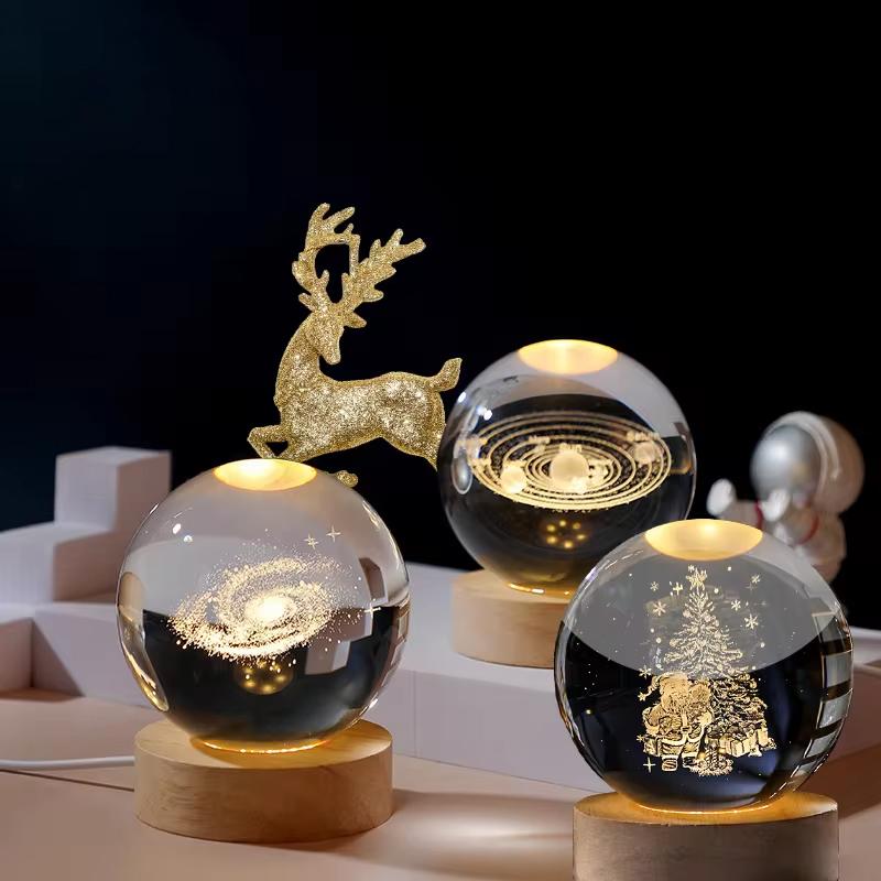 6cm 3D Crystal Ball Crystal Planet Night Light Laser Engraved Solar System Globe Christmas Birthday Gift Home Desktop Decoration