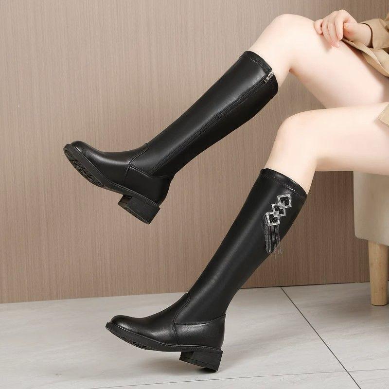 Mode Schwarzes Leder Mittelhoch Rundzehe Strass Kniehoch Schaft Schuhe Frau Trend 2025 Arbeit Herbst Winter Lange Stiefel für Frauen