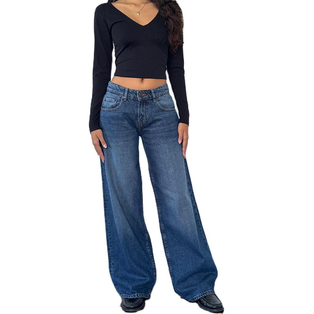 Women's Retro Low Waist Washed Straight Leg Jeans - Wide Leg Autumn Denim Pants