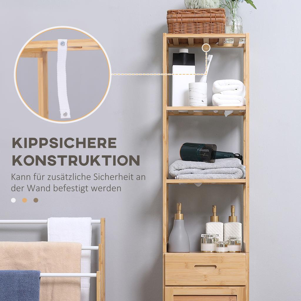 Bathroom Shelf, 3 Open Compartments, Drawer, Louvered Door, Bamboo, 32 x 30 x 163 cm