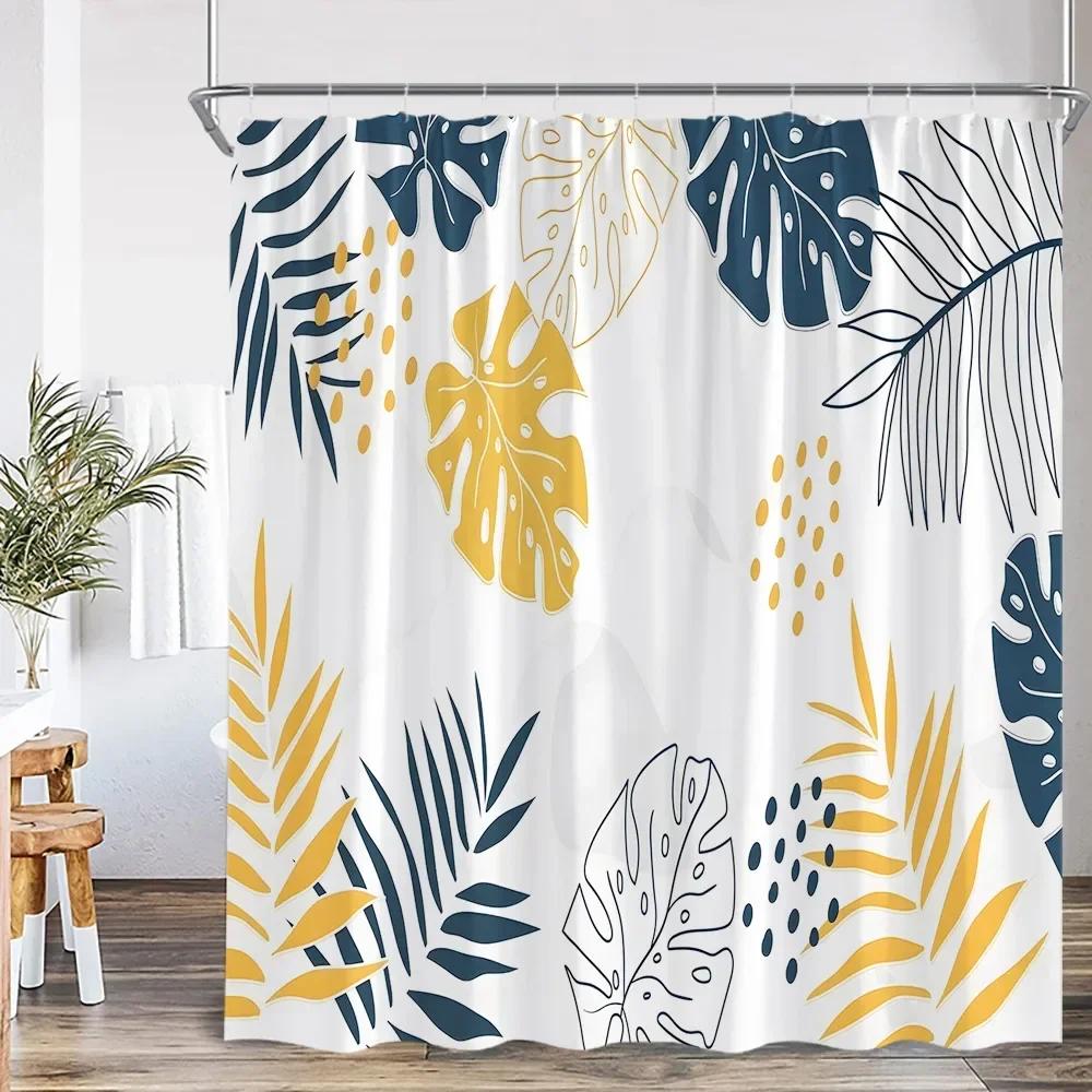 Vintage Abstract Shower Curtain Green Leaf Geometric Nordic Modern Bathtub Decorative Simple Polyester Shower Curtain with Hook