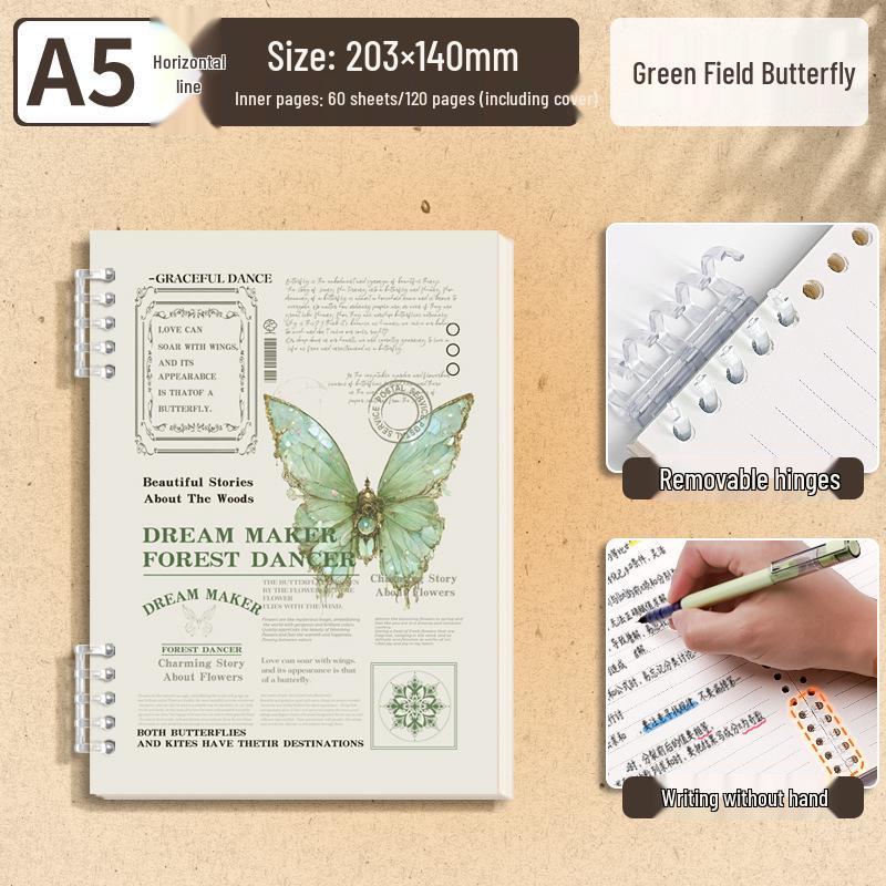 Butterfly Retro English Loose-Leaf Binder: A5 Lined Inner Core B5 Single Book with OPP Bag Packaging
