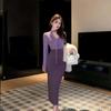 Purple Polka Dot V-Neck Two-Piece Long Dress with Cinched Waist and Slim Fit