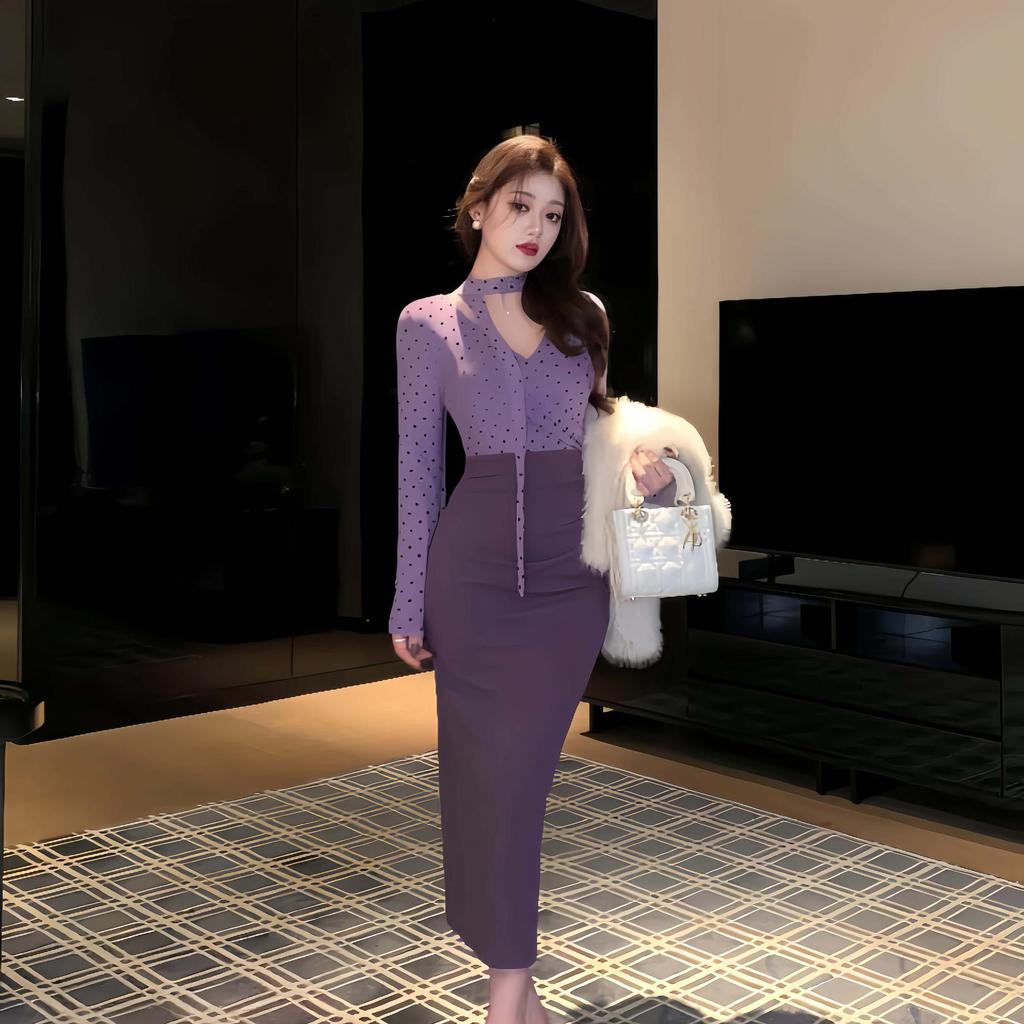 Purple Polka Dot V-Neck Two-Piece Long Dress with Cinched Waist and Slim Fit