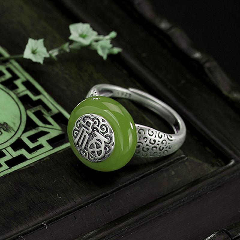 Retro Gilt Openwork Ruyi Ring: Natural Imitation Hetian Jade Peace Buckle with Auspicious Fu Character and Cloud Design for Women
