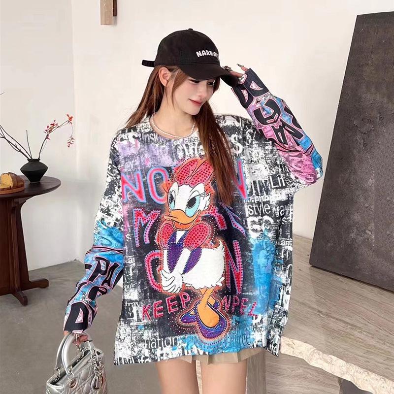 Women's Cartoon Rhinestone Long Sleeve Sweater - Chic Korean Style Loose Knit Round Neck Top for Autumn/Winter
