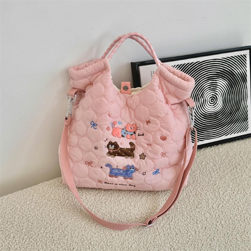2 Cartoon Embroidery Soft Cute Messenger Bag Large Capacity Shoulder Tote Bag Quilting Cotton Commuter Tote Bag