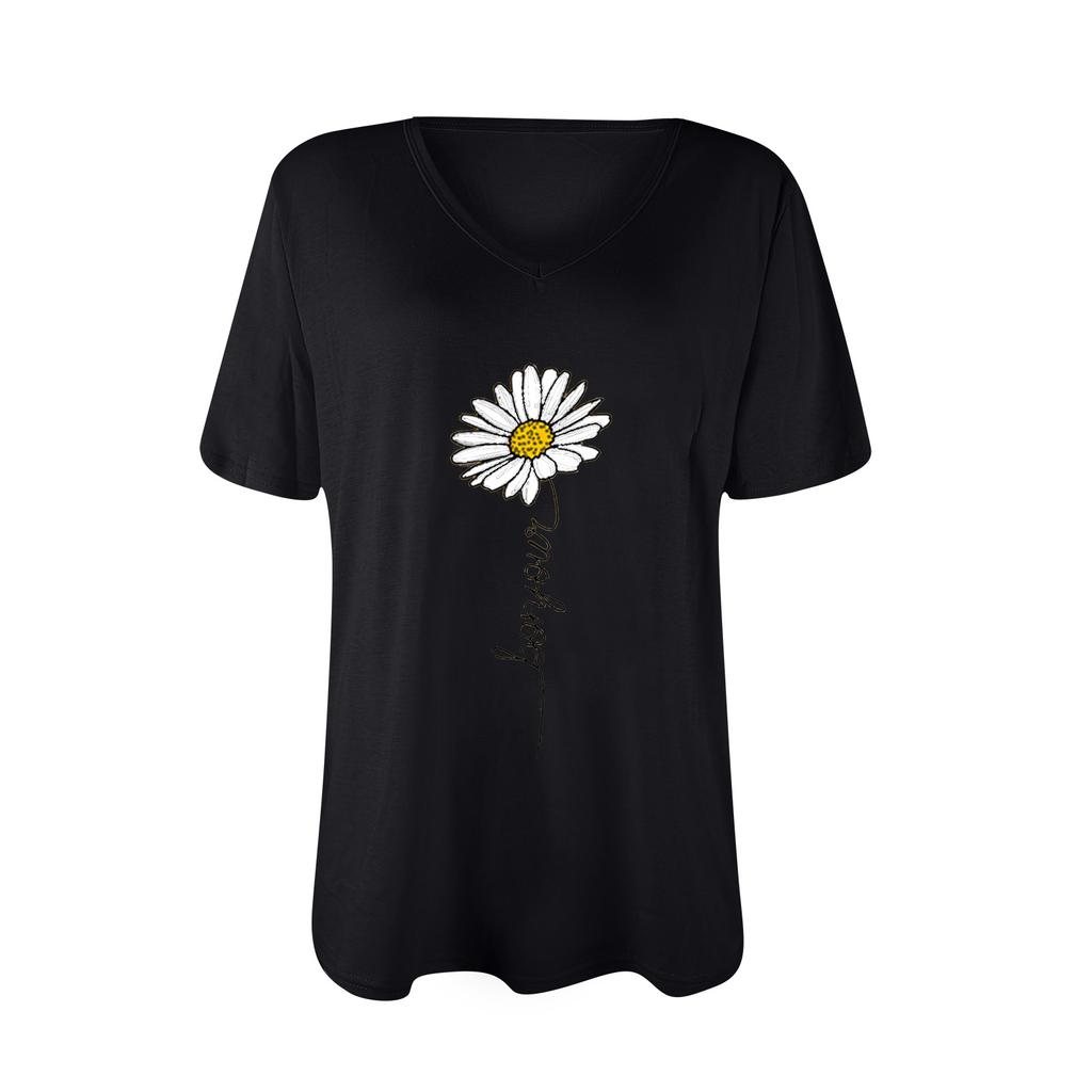 Women V-neck Casual Short-sleeved Small Print Loose Pullover T-shirt Tops