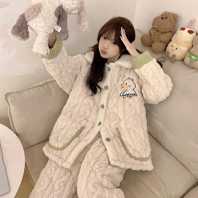 

Зимняя коралловая бархатная пижама для женщин, фланелевый кардиган, пижамный комплект с лацканами, утепленная пижама для молодых девушек M