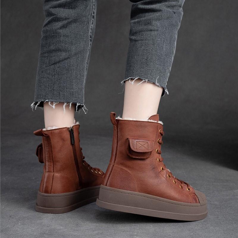 Johnature Winter Plüsch Warme Baumwollstiefel Echtes Leder Runde Zehen Dickbesohlte Kurze Damenstiefel
