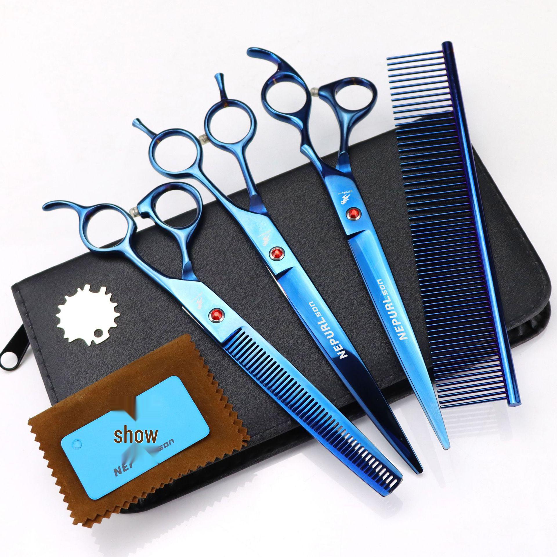 8-inch Napson Blue Pet Grooming Scissors Set: Includes Straight Shears and Grooming Comb, 3-piece Set
