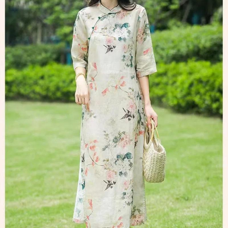 Retro Republic of China Improved Cheongsam Dress Printed Chinese Style Zen Women's Clothing Chinese Tea Clothing Women's Summer