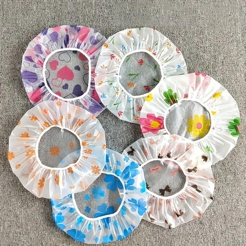1PC Reusable PE Shower Cap - Adjustable Printed Design with Elastic Band for Spa Salon & Kitchen Oil Fume Protection Shower Cap