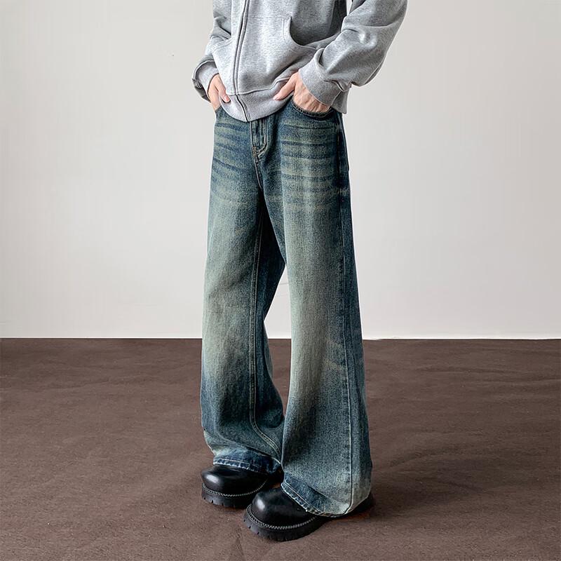 VUUG Men's Retro Loose Fit Straight Leg Jeans with Lightning Texture